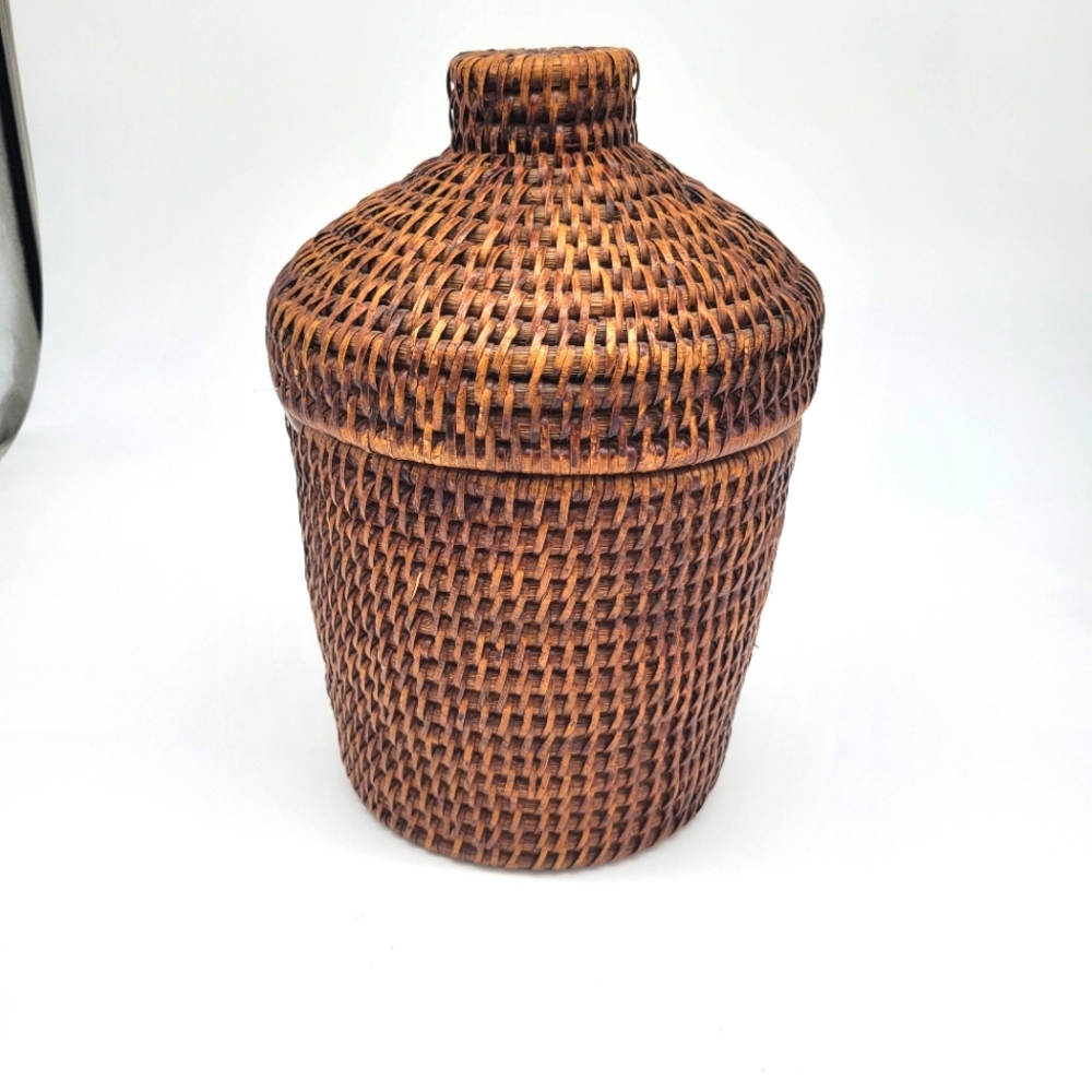 Vintage Woven Covered/Lidded Rattan  Basket Unique Functional 12" H. Boho